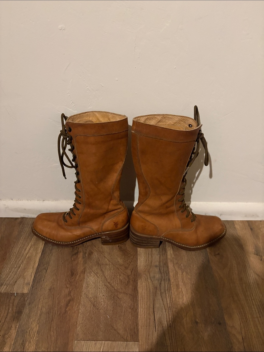 Frye Tall Lace-Up Leather Boots in Cognac Brown - Picture 15 of 17